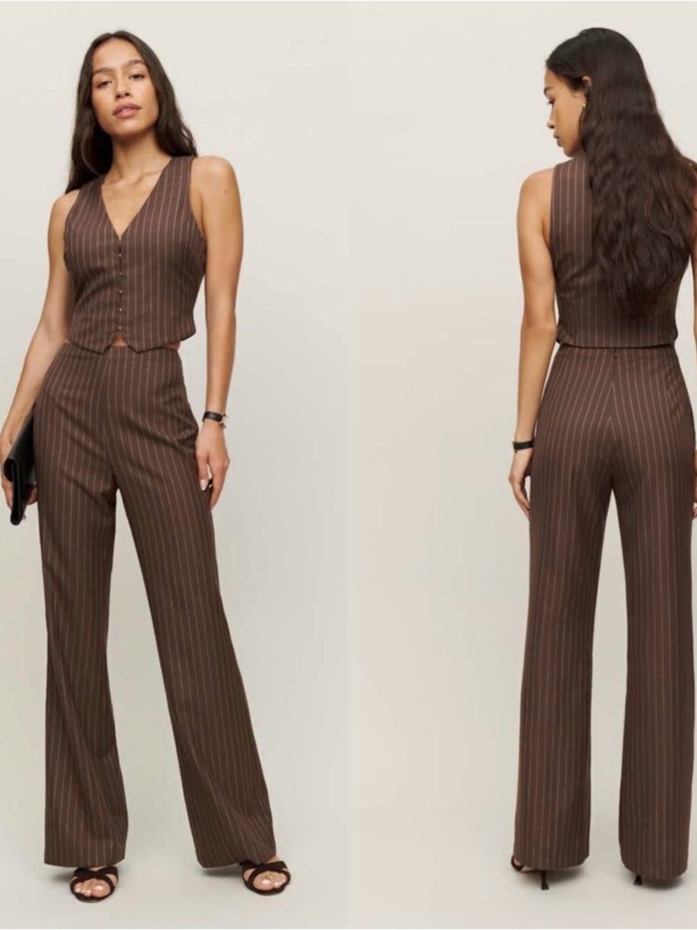 Reformation Cohen Brown Pinstripe wide leg pant and vest set